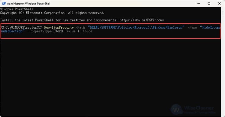 Remove Recommended section from Windows PowerShell 