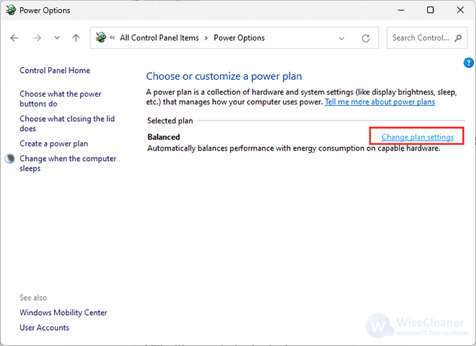 Click the Change plan settings in Control Panel  