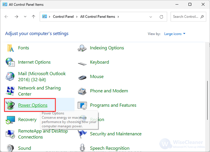 Find Power Options in Control Panel 