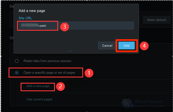 Enter the URL of the page you want to set as your homepage