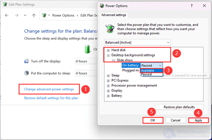 Choose the Available option for both the On battery and Plugged in options