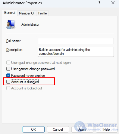 uncheck Account is disabled
