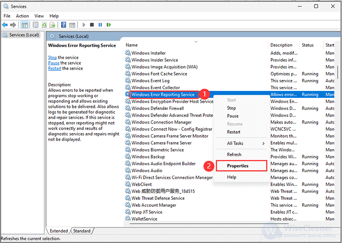 Right-click on Windows Error Reporting Service and select Properties