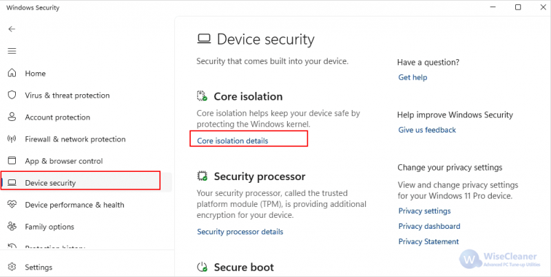 Click Device security > Core isolation details