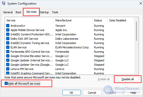 check Hide all Microsoft services