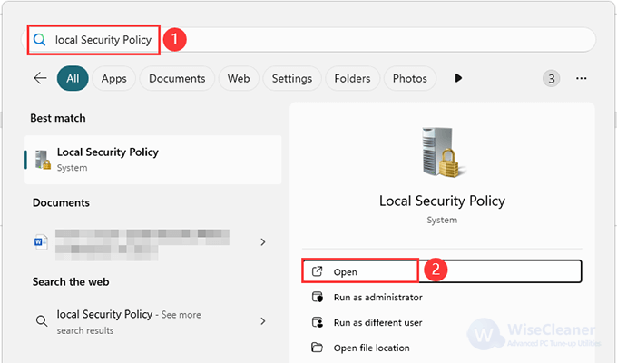 Type Local Security Policy into the search boxto open the Local Security Policy app. 