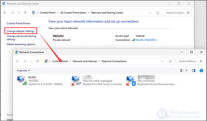 Click Change adapter settings to open the Network Connections tool.