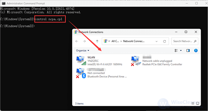 Type <code>control ncpa.cpl</code> and press Enter to go on. 